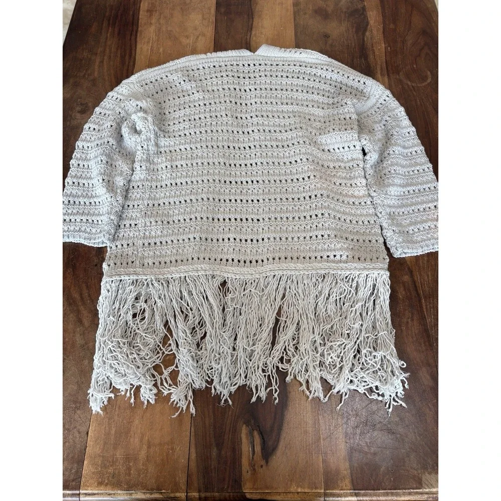 Zara chunky cardigan sweater boho fringe grey women's size small cotton blend - Picture 2 of 11